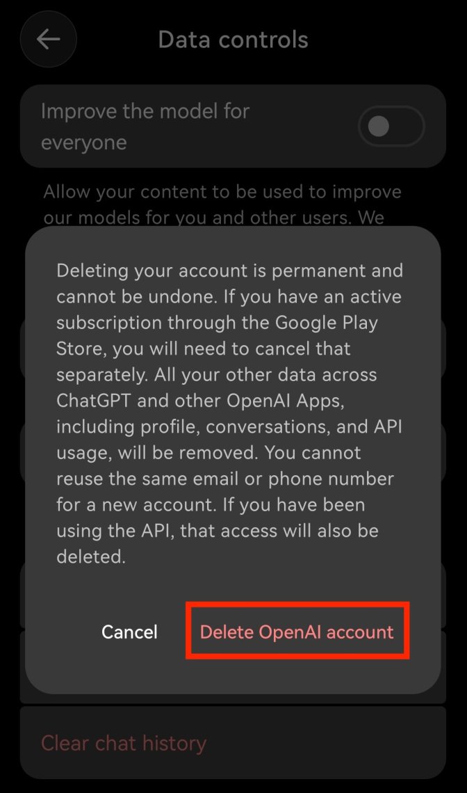The ChatGPT mobile app asks you to confirm deleting your OpenAI account