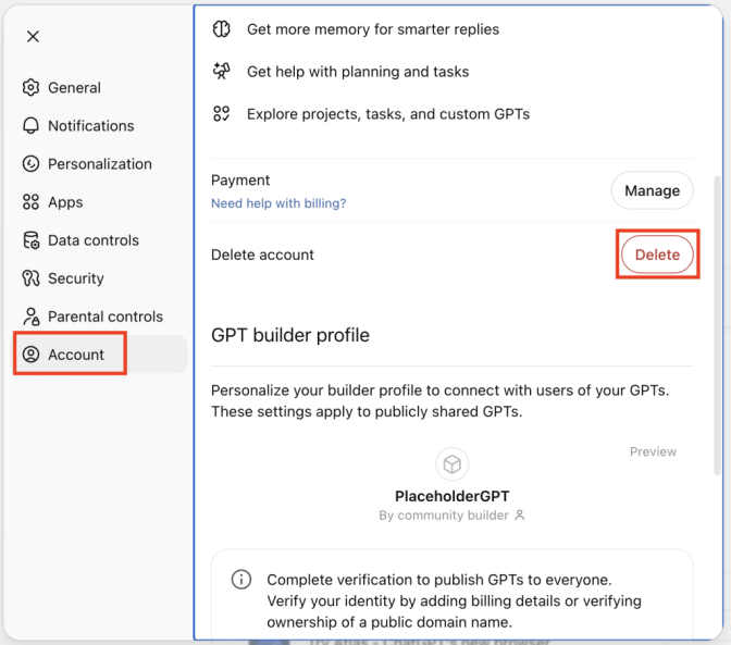 The ChatGPT web app highlights the account deletion button in settings
